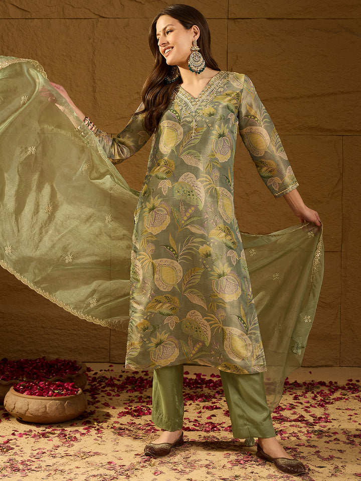 Green Silk Blend Floral Straight 3-Piece Kurta Set