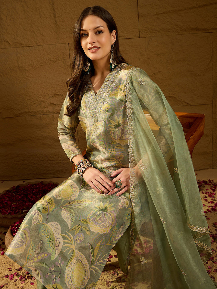 Green Silk Blend Floral Straight 3-Piece Kurta Set