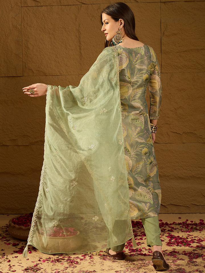 Green Silk Blend Floral Straight 3-Piece Kurta Set