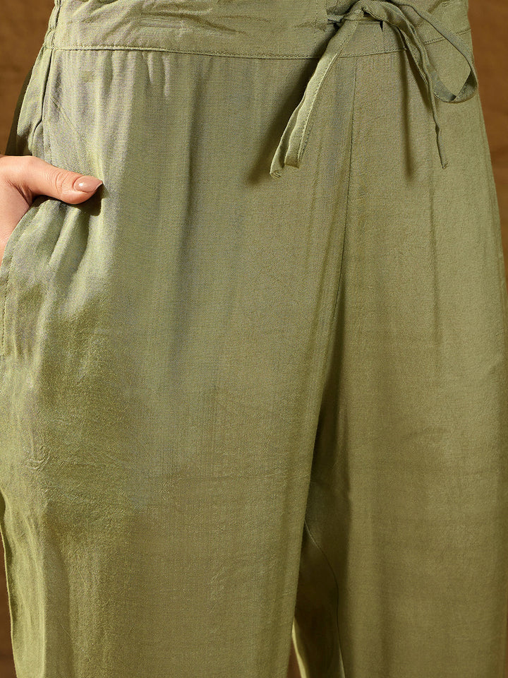Green Silk Blend Floral Straight 3-Piece Kurta Set