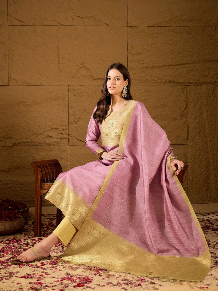 Pink Silk Blend Solid Woven Design Straight Kurta Trousers With Dupatta