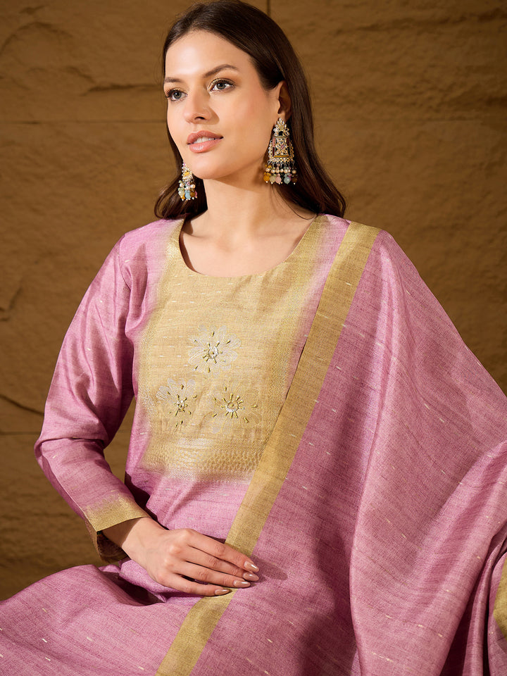 Pink Silk Blend Solid Woven Design Straight Kurta Trousers With Dupatta