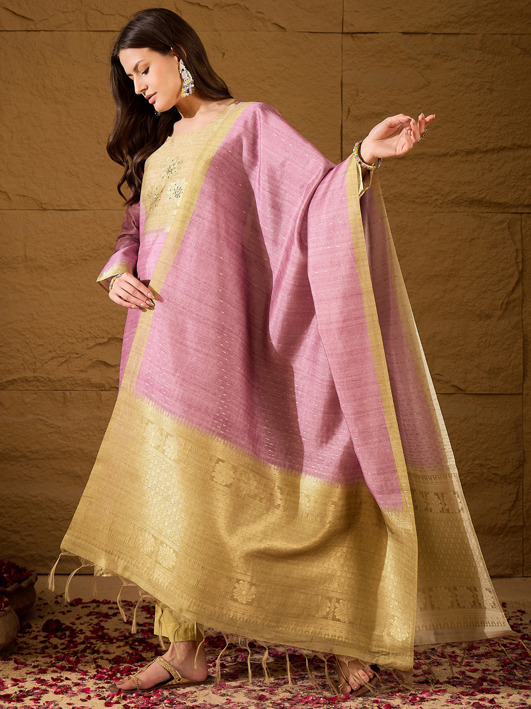 Pink Silk Blend Solid Woven Design Straight Kurta Trousers With Dupatta