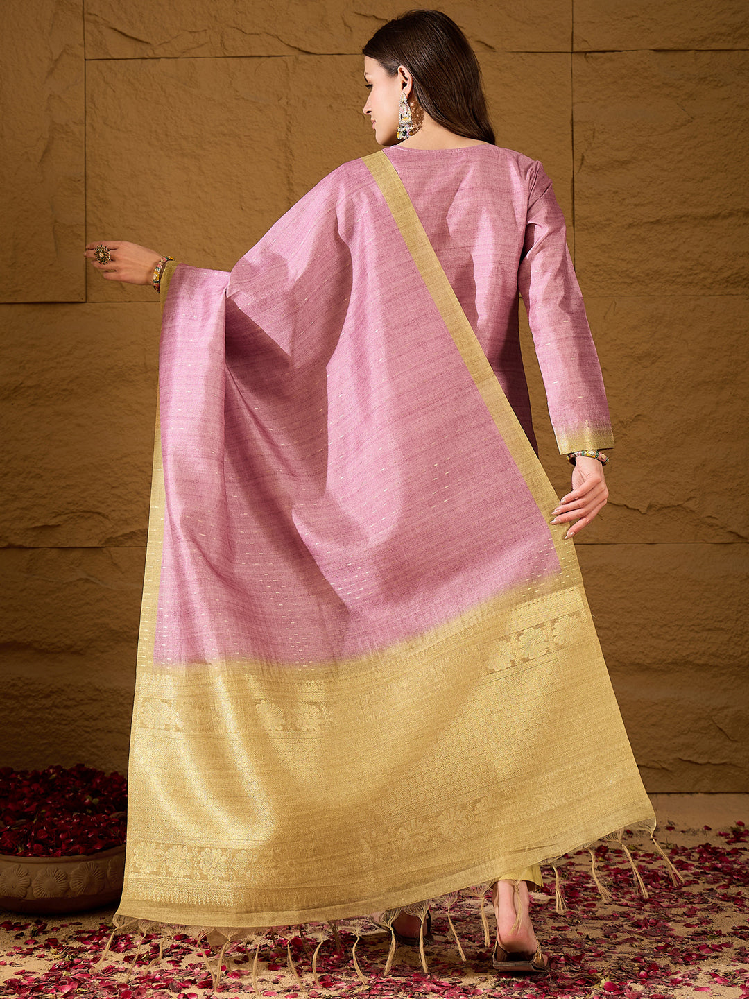 Pink Silk Blend Solid Woven Design Straight Kurta Trousers With Dupatta