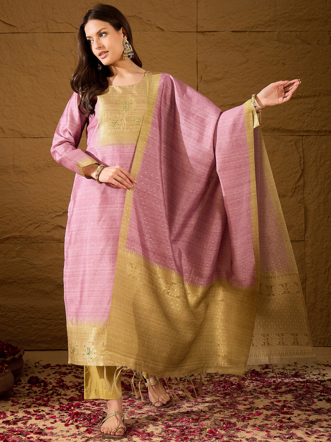 Pink Silk Blend Solid Woven Design Straight Kurta Trousers With Dupatta
