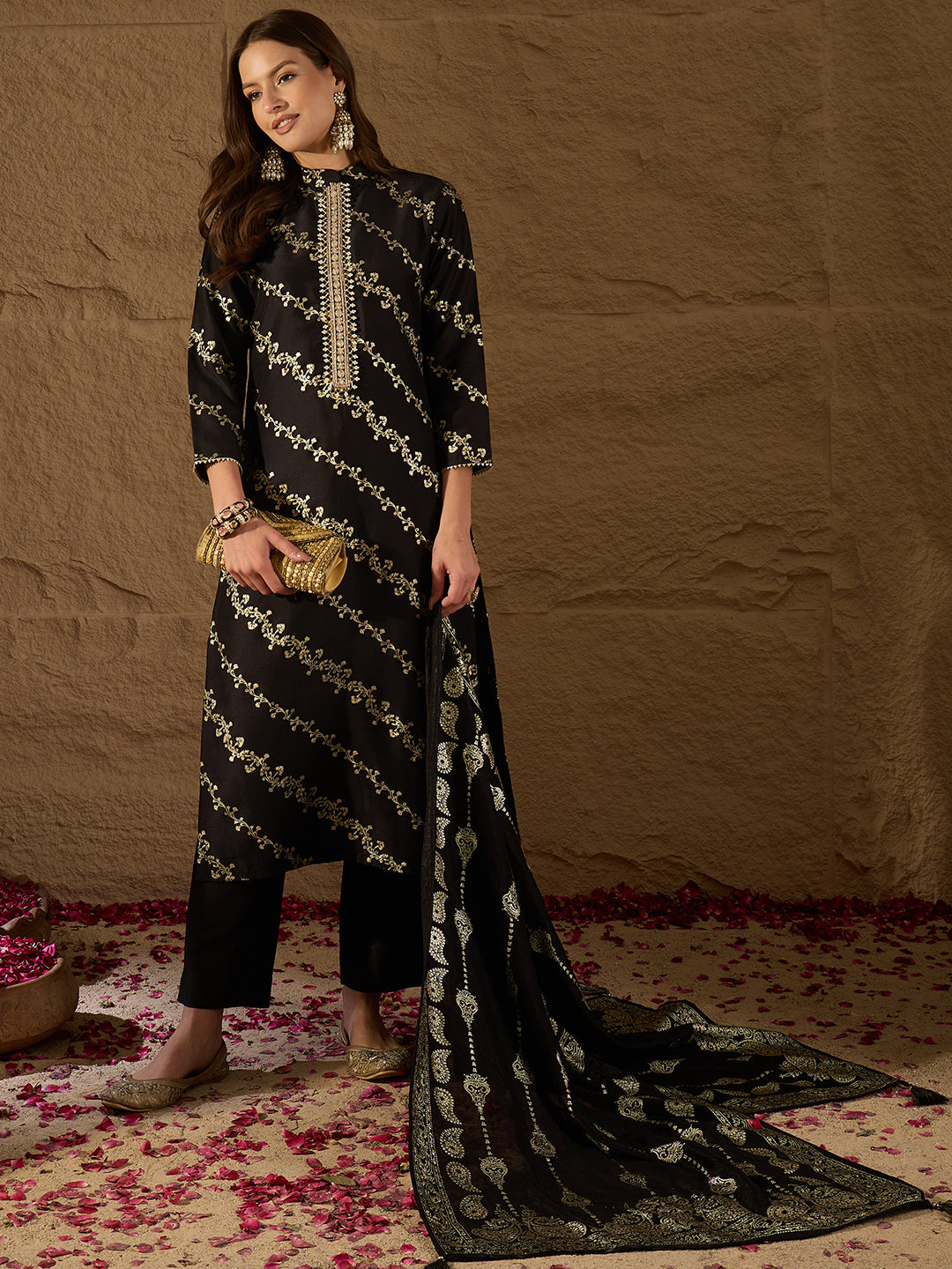 Black Silk Blend Floral Foil Printed Straight Kurta Set