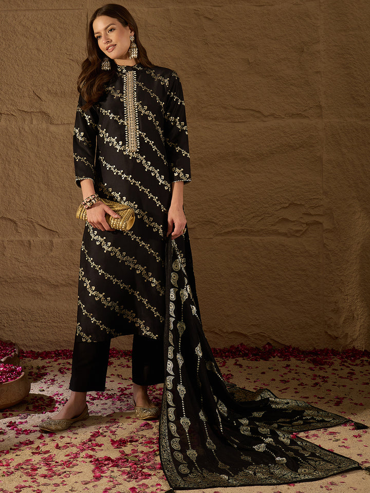 Black Silk Blend Floral Foil Printed Straight Kurta Set