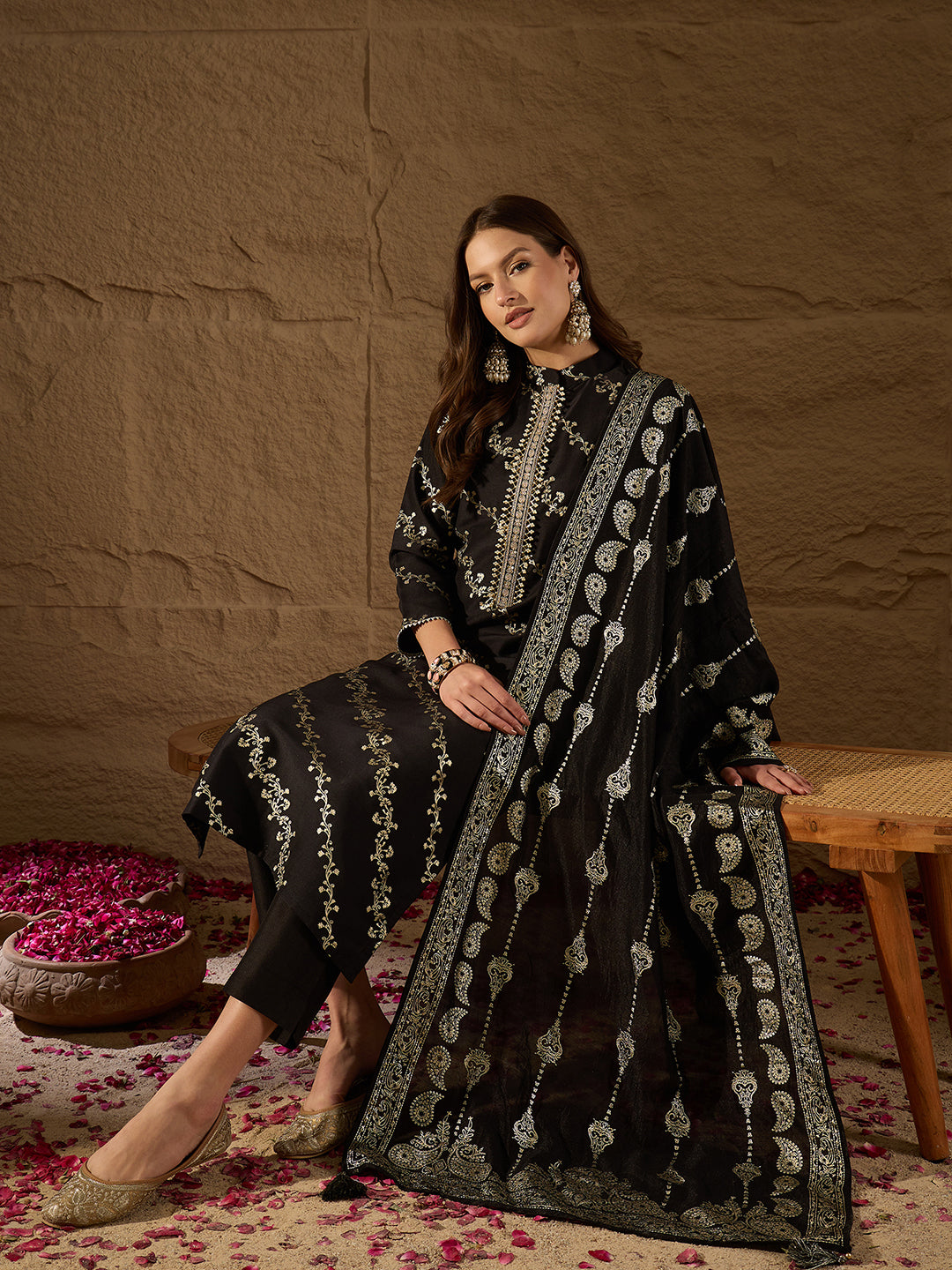 Black Silk Blend Floral Foil Printed Straight Kurta Set