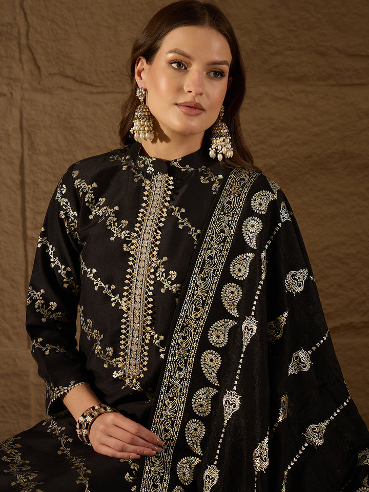 Black Silk Blend Floral Foil Printed Straight Kurta Set