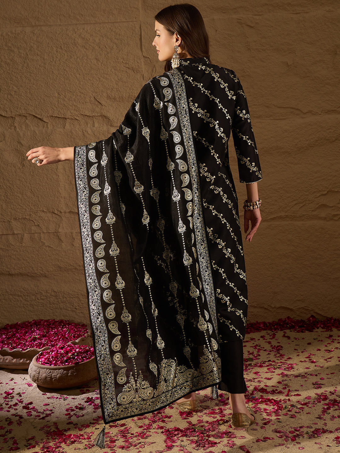 Black Silk Blend Floral Foil Printed Straight Kurta Set