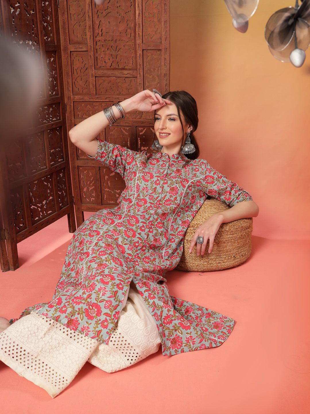 Sky Blue Floral Printed Cotton A-Line Kurt