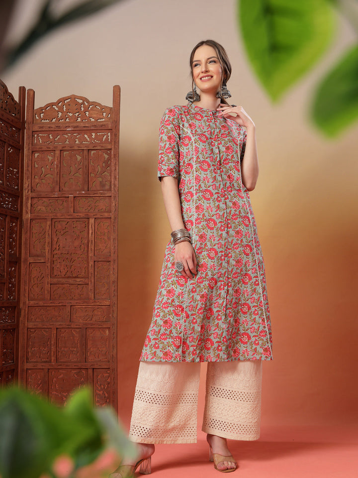 Sky Blue Floral Printed Cotton A-Line Kurt