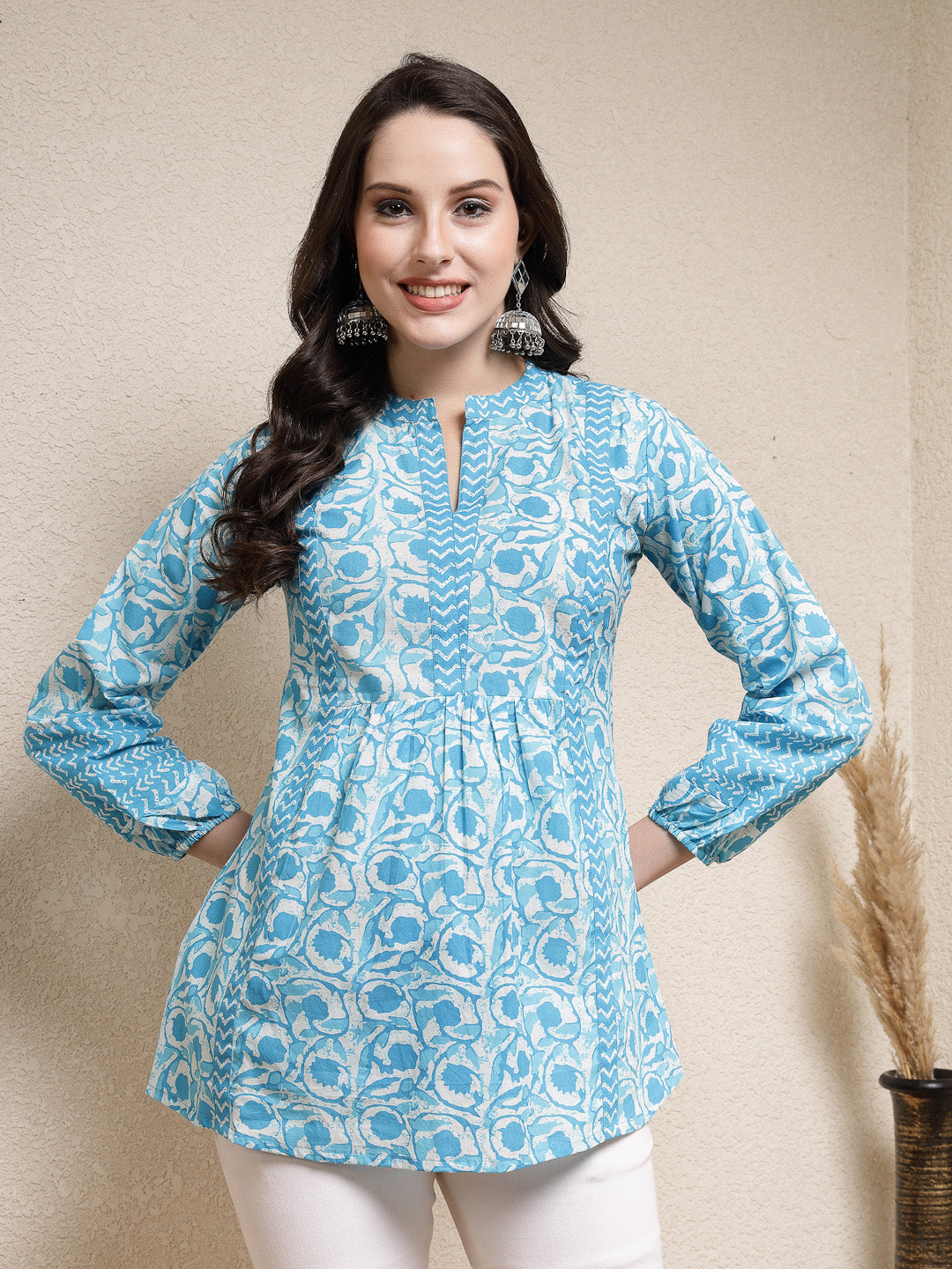 Sky-Blue-Cotton-Floral-Printed-Tunic-Only