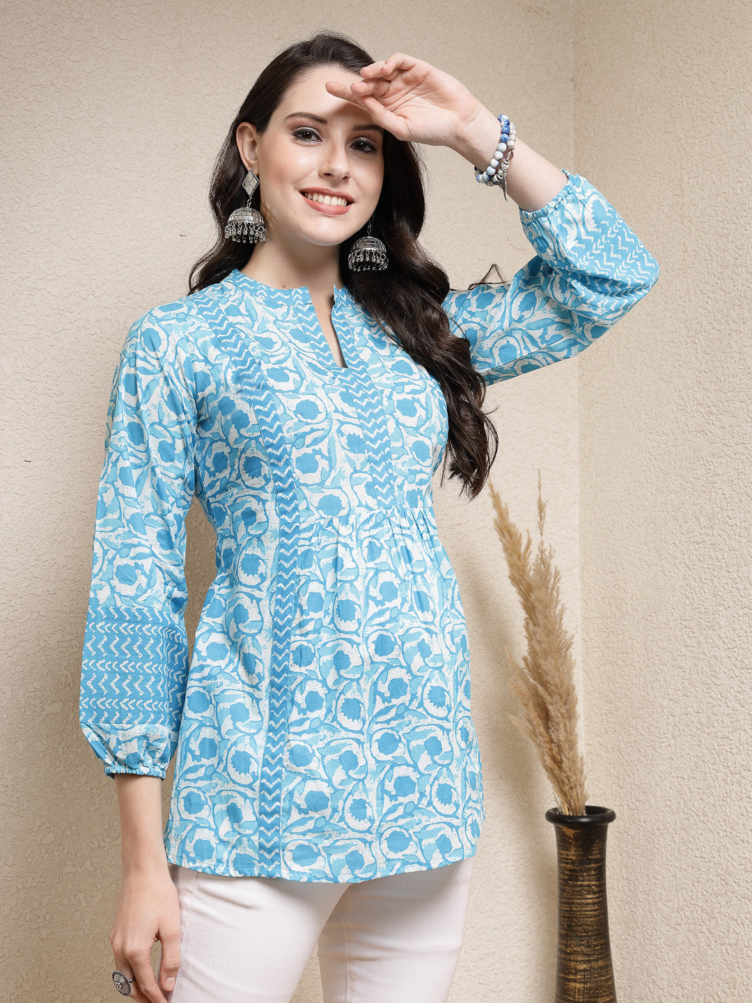 Sky-Blue-Cotton-Floral-Printed-Tunic-Only