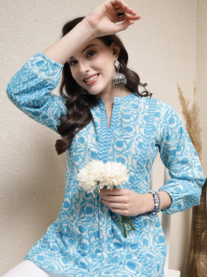 Sky-Blue-Cotton-Floral-Printed-Tunic-Only