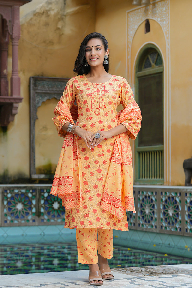 Orange-Pure-Cotton-Straight-3-Piece-Kurta-Set