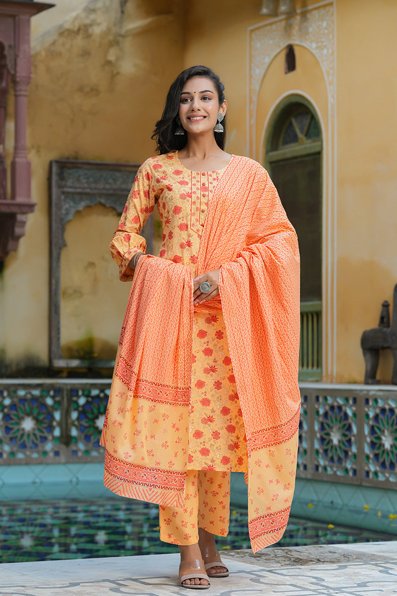 Orange-Pure-Cotton-Straight-3-Piece-Kurta-Set