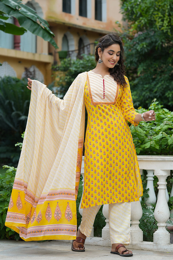 Yellow-Rayon-Blend-Straight-3-Piece-Kurta-Set