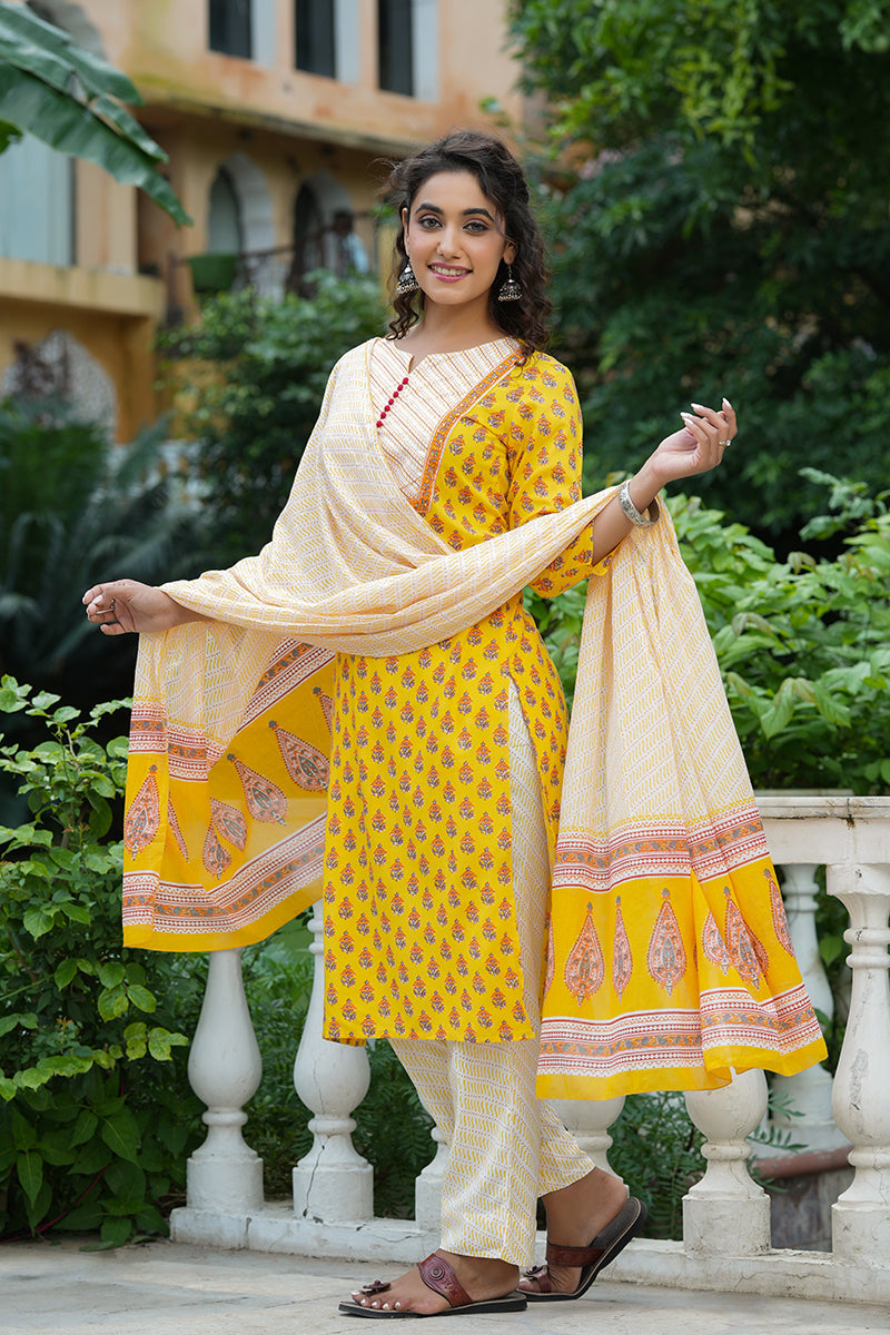 Yellow-Rayon-Blend-Straight-3-Piece-Kurta-Set