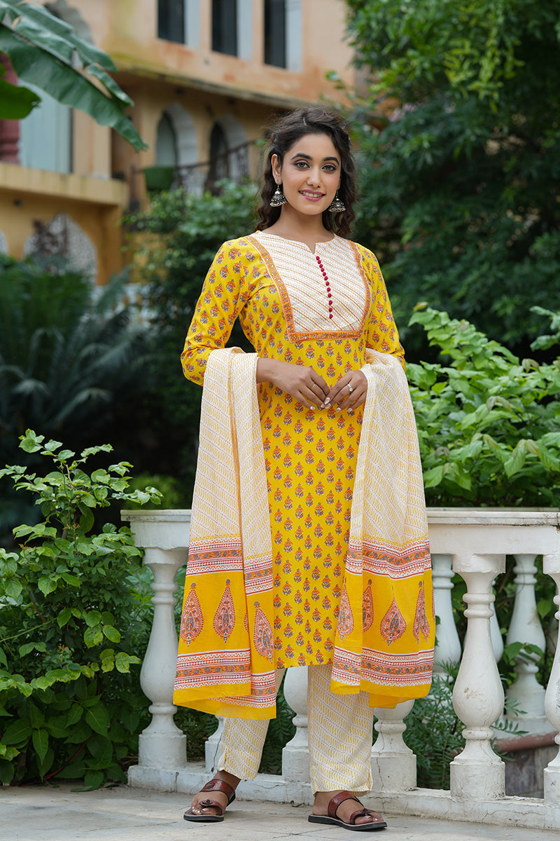 Yellow-Rayon-Blend-Straight-3-Piece-Kurta-Set