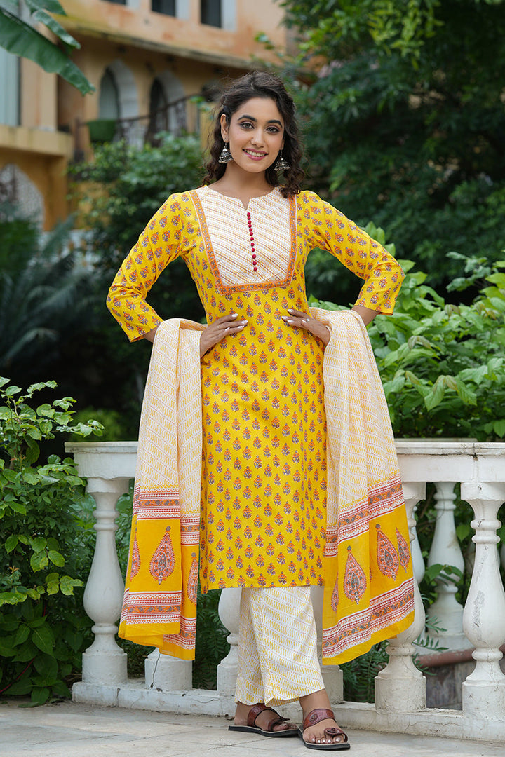 Yellow-Rayon-Blend-Straight-3-Piece-Kurta-Set