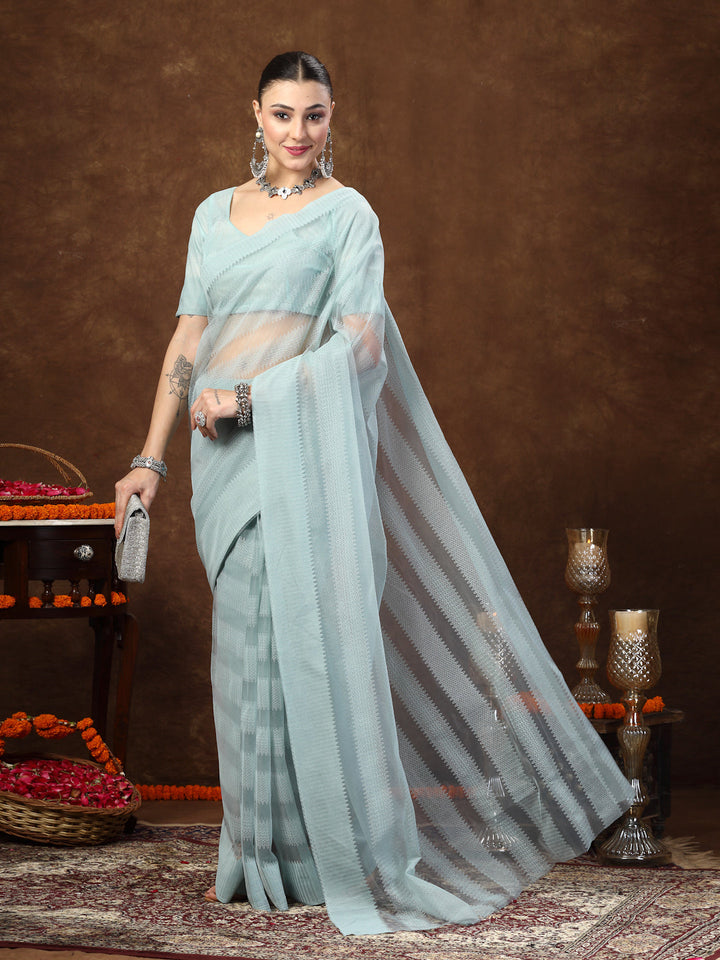 Aqua-Blue-Ethnic-Striped-Embroidered-Net-Saree
