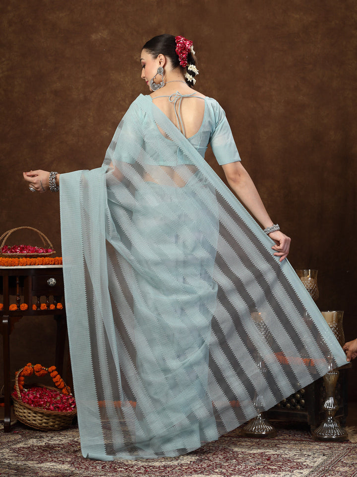 Aqua-Blue-Ethnic-Striped-Embroidered-Net-Saree