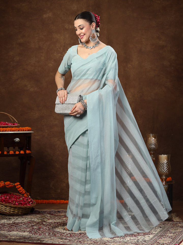 Aqua-Blue-Ethnic-Striped-Embroidered-Net-Saree