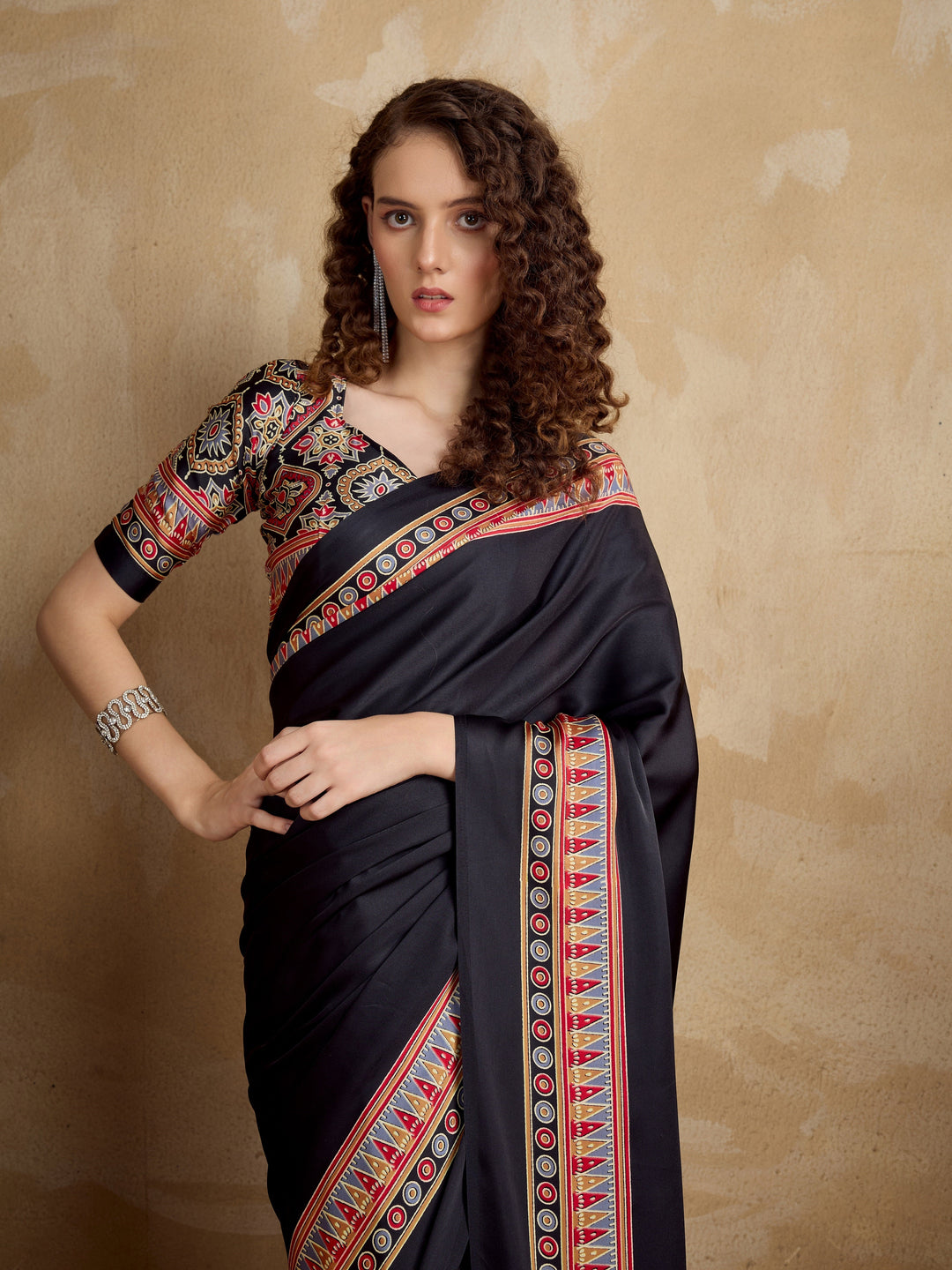 Black Ajrakh Printed Silk Blend Saree With Unstitched Blouser Piece