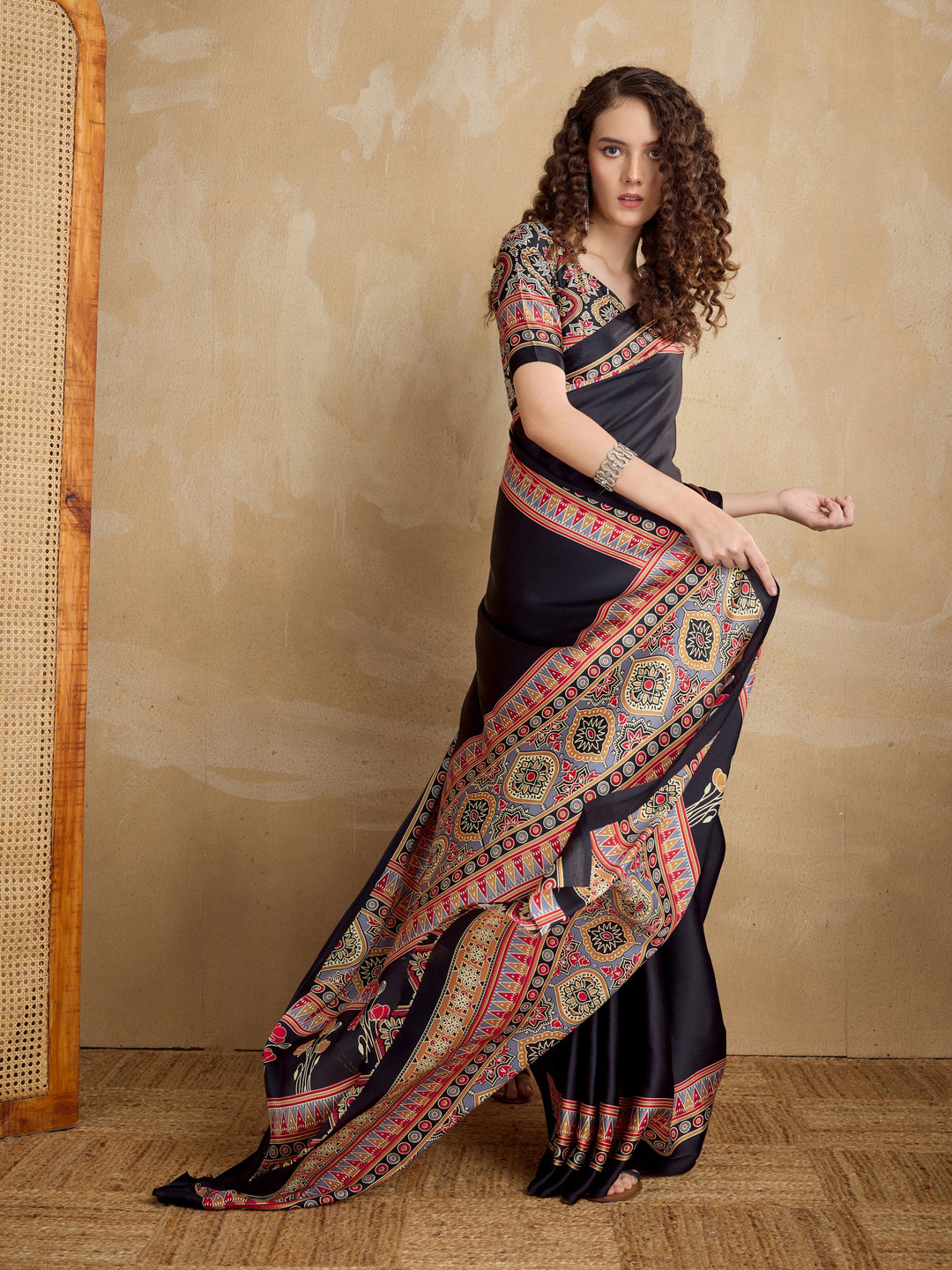 Black Ajrakh Printed Silk Blend Saree With Unstitched Blouser Piece