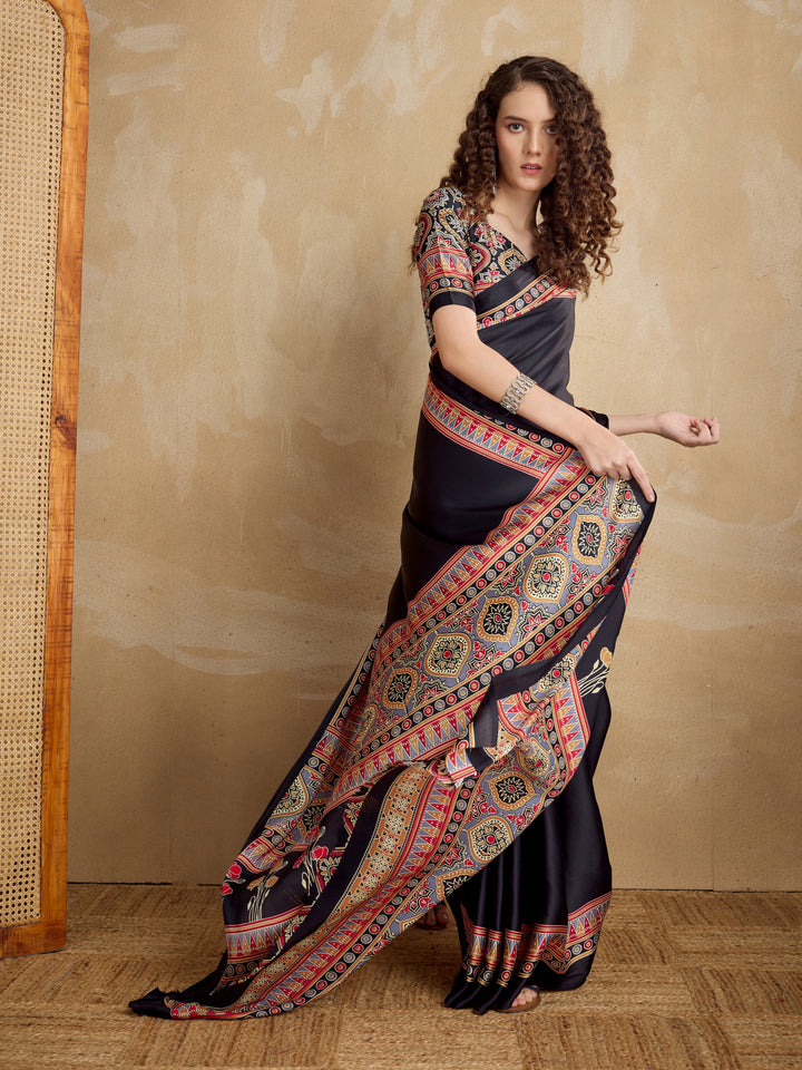Black Ajrakh Printed Silk Blend Saree With Unstitched Blouser Piece