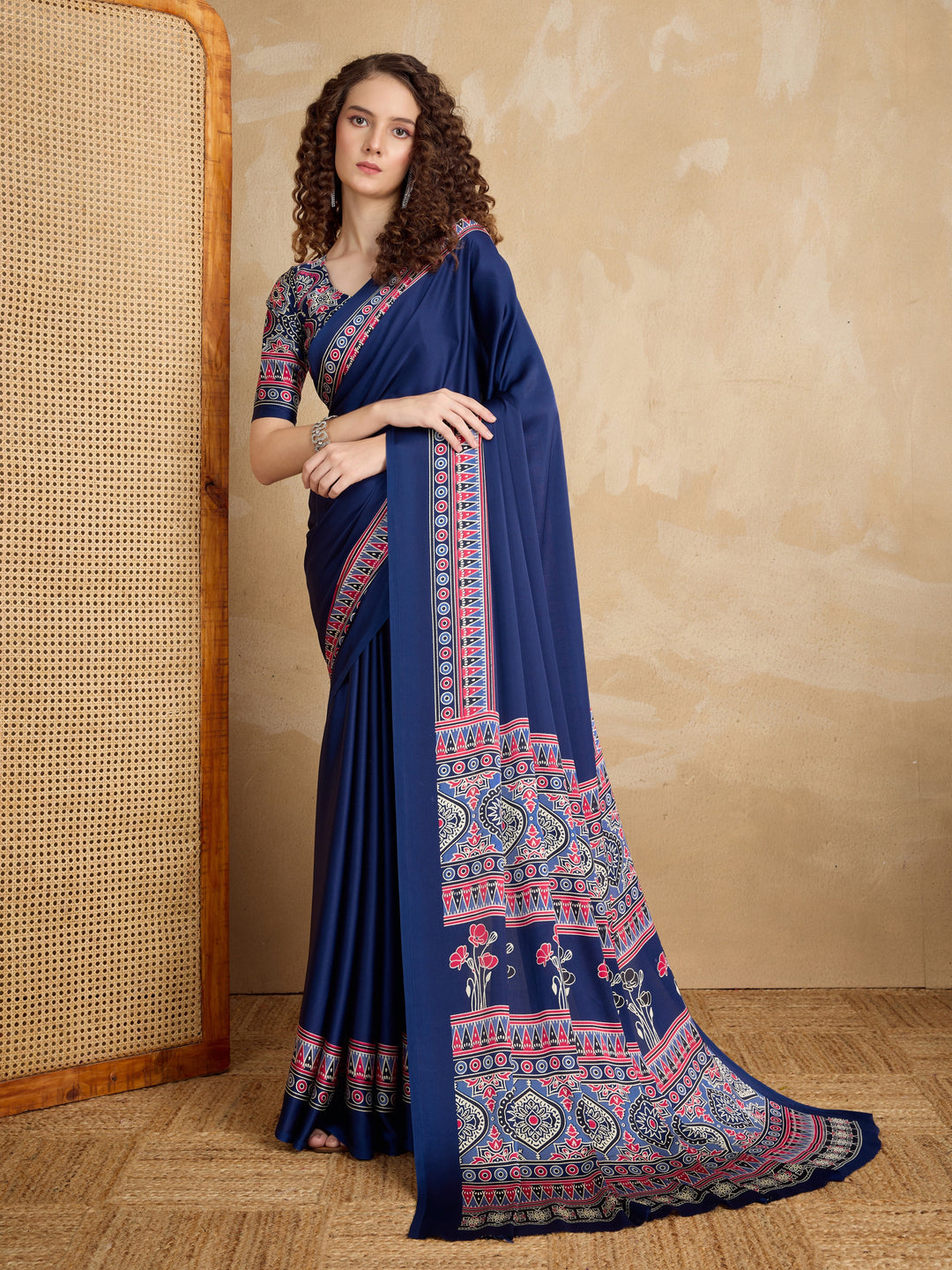 Blue Ajrakh Printed Silk Blend Saree With Unstitched Blouser Piece