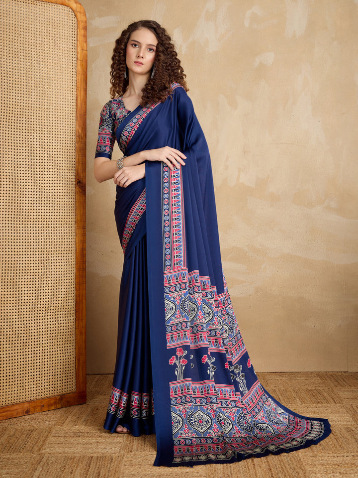 Blue Ajrakh Printed Silk Blend Saree With Unstitched Blouser Piece