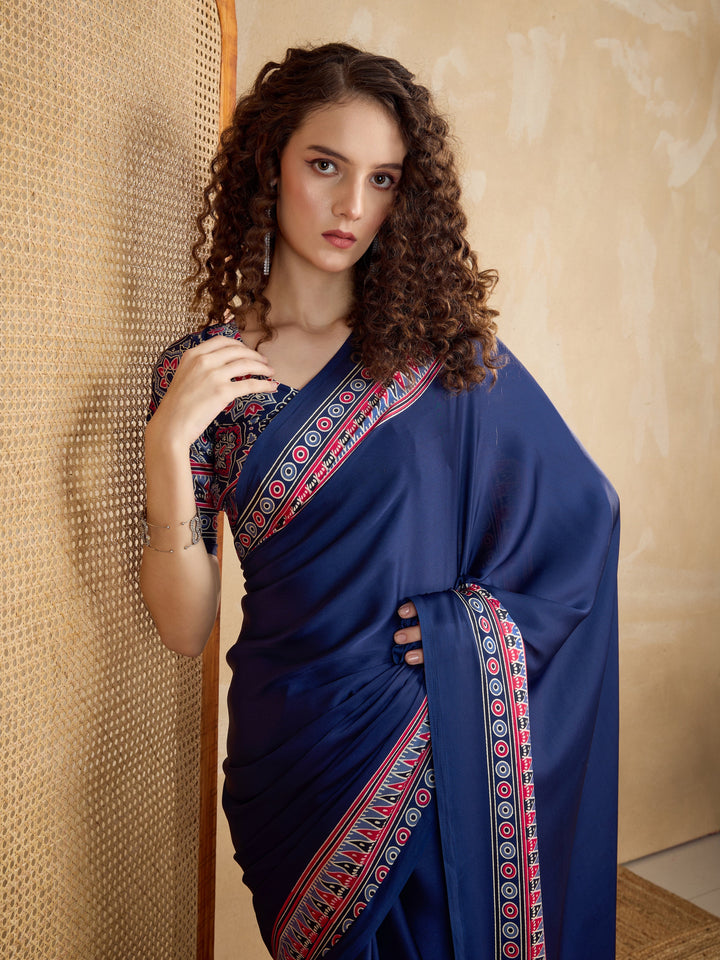 Blue Ajrakh Printed Silk Blend Saree With Unstitched Blouser Piece