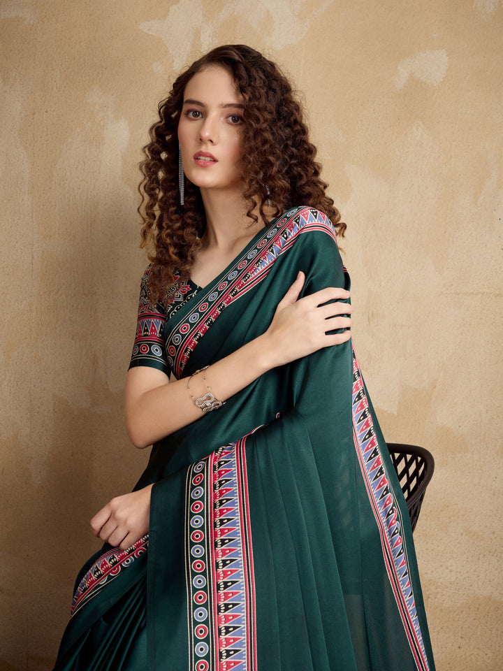 Green Ajrakh Printed Silk Blend Saree With Unstitched Blouser Piece