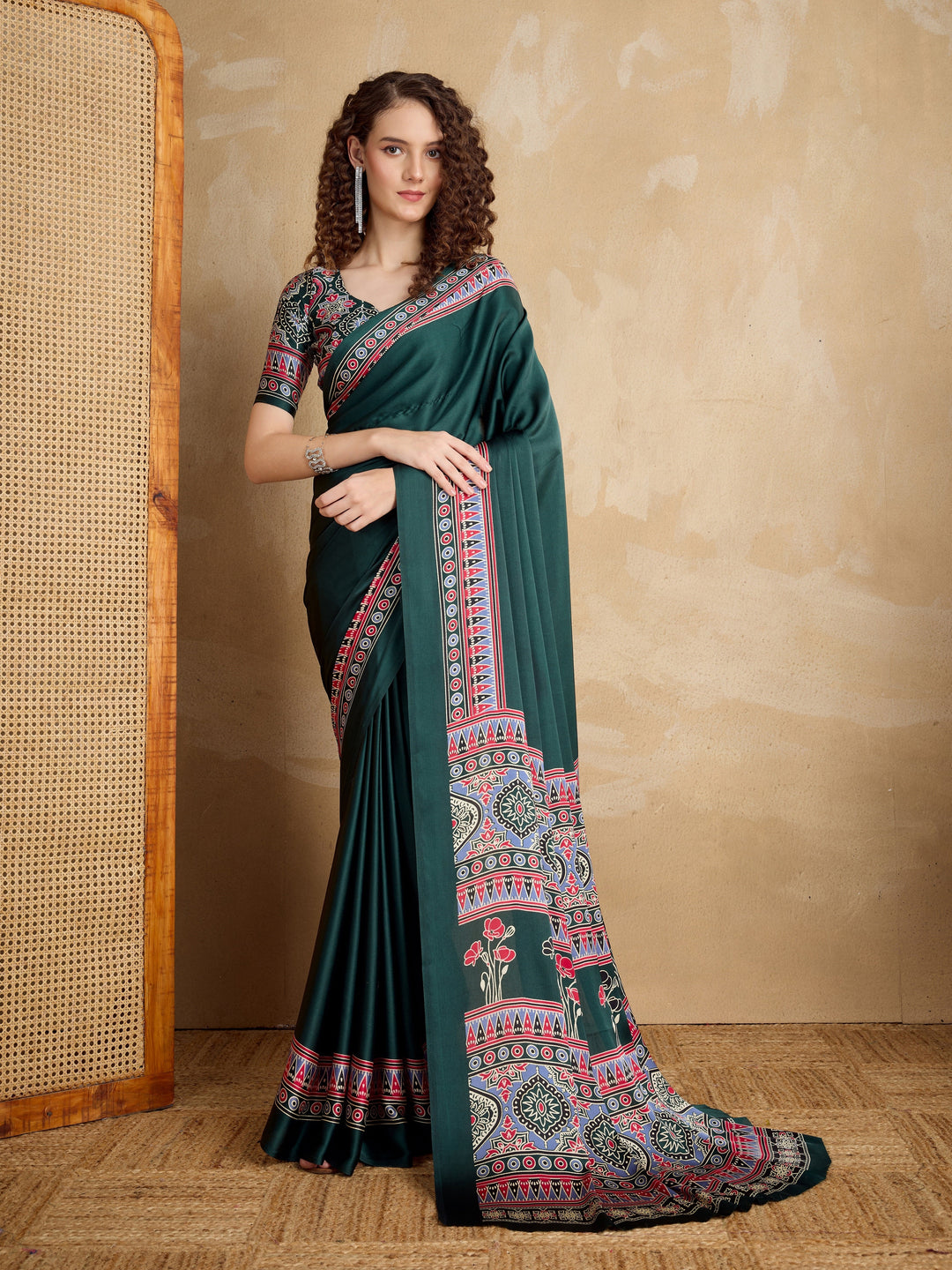 Green Ajrakh Printed Silk Blend Saree With Unstitched Blouser Piece