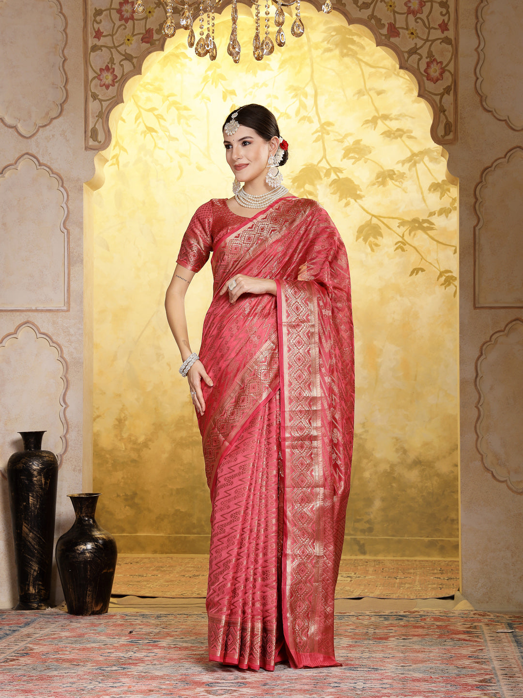 Pink-Organza-Geometric-Print-Zari-Border-Saree