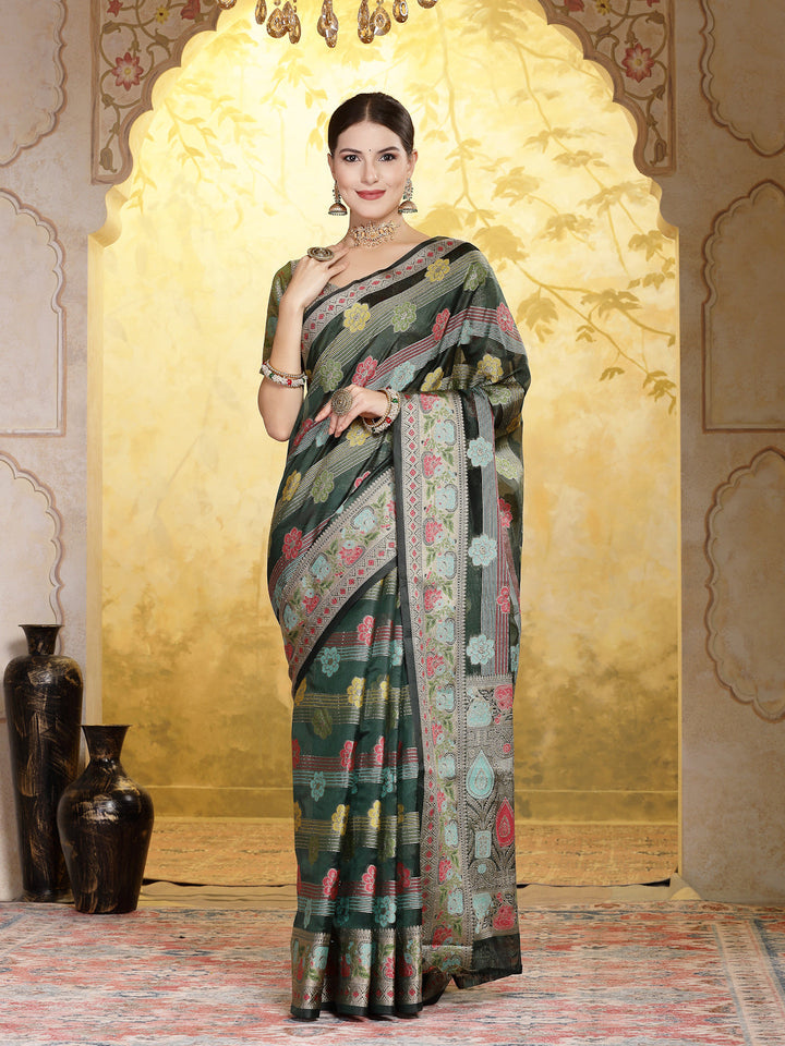Bottle-Green-Organza-Ethnic-Motifs-Zari-Border-Saree