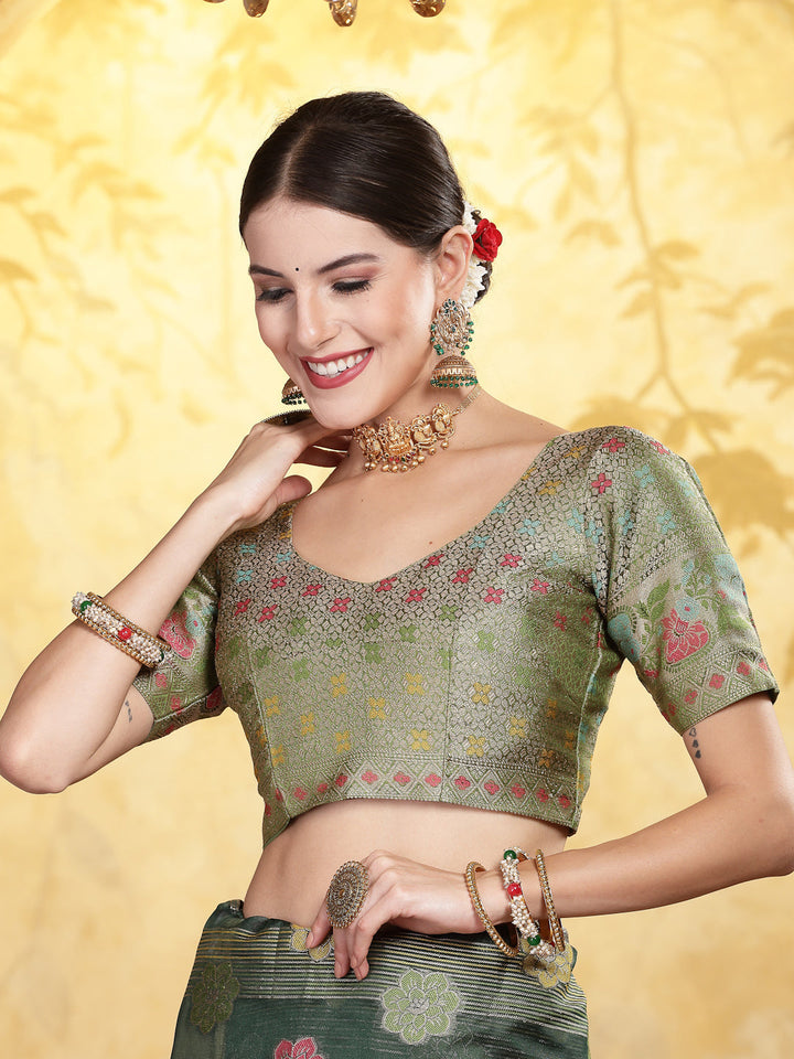 Bottle-Green-Organza-Ethnic-Motifs-Zari-Border-Saree