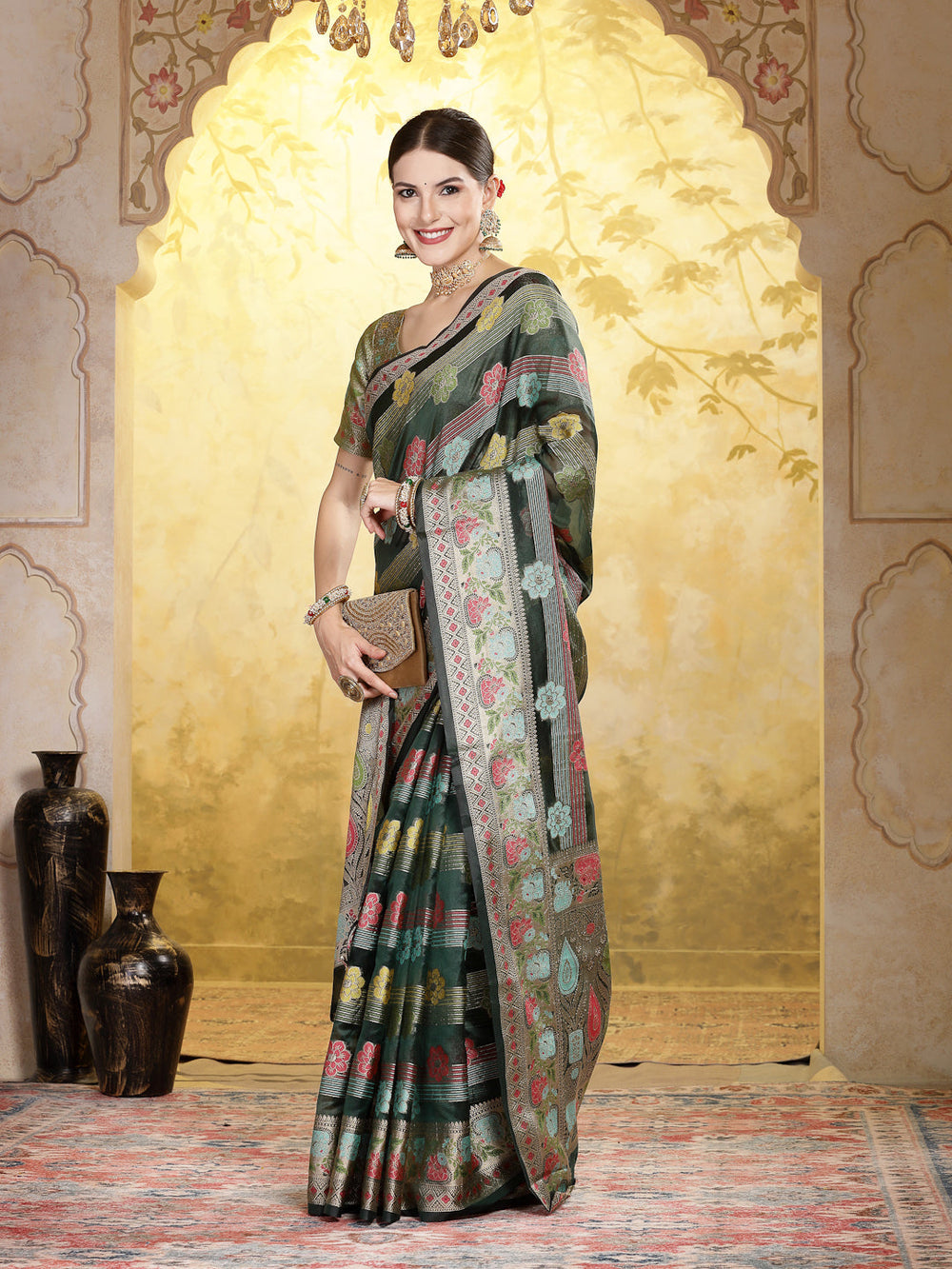 Bottle-Green-Organza-Ethnic-Motifs-Zari-Border-Saree