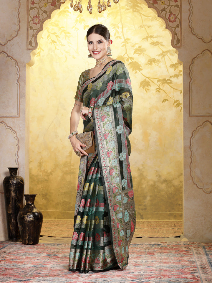Bottle-Green-Organza-Ethnic-Motifs-Zari-Border-Saree