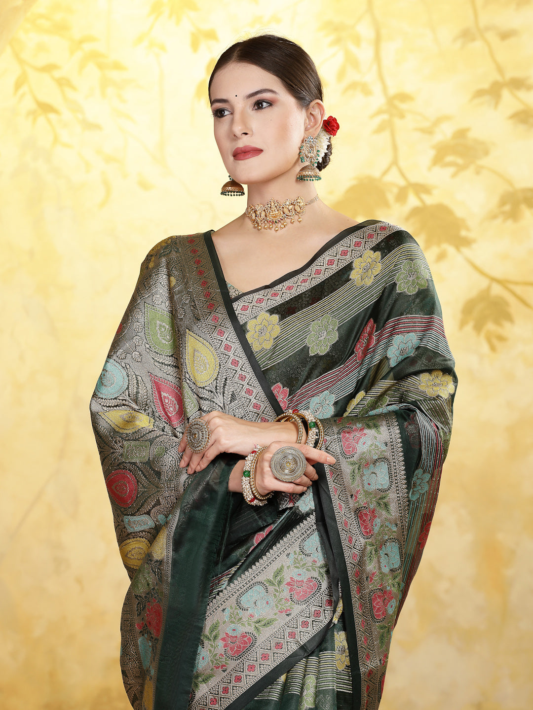 Bottle-Green-Organza-Ethnic-Motifs-Zari-Border-Saree