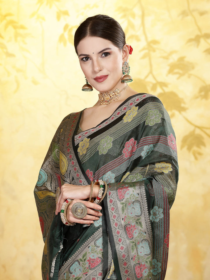 Bottle-Green-Organza-Ethnic-Motifs-Zari-Border-Saree