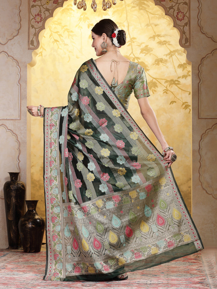 Bottle-Green-Organza-Ethnic-Motifs-Zari-Border-Saree