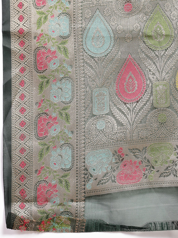 Bottle-Green-Organza-Ethnic-Motifs-Zari-Border-Saree