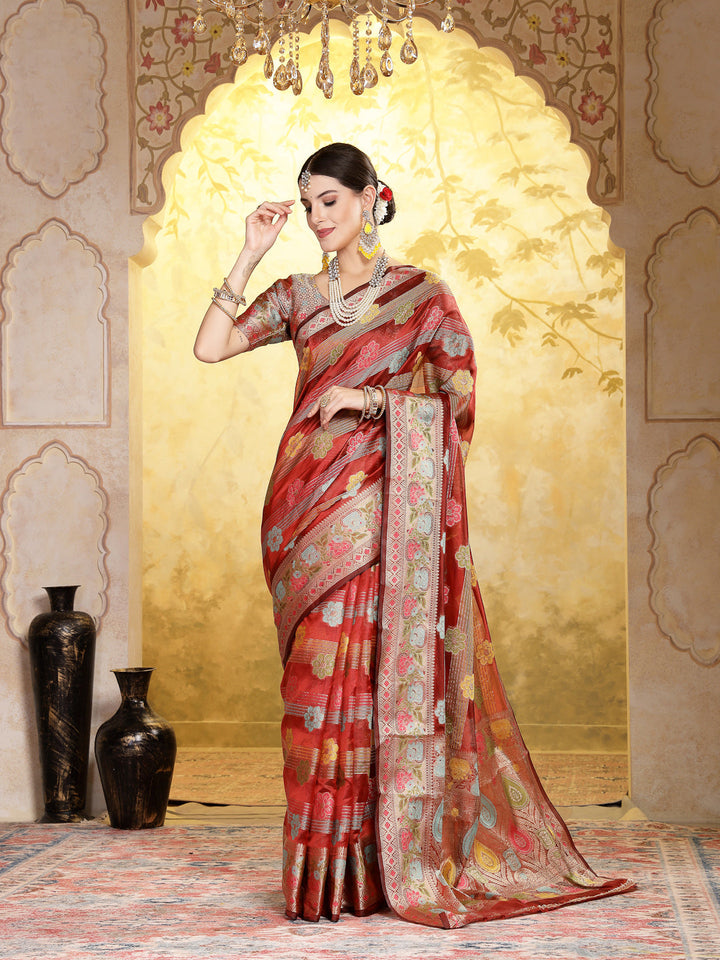 Maroon-Organza-Ethnic-Motifs-Zari-Border-Saree