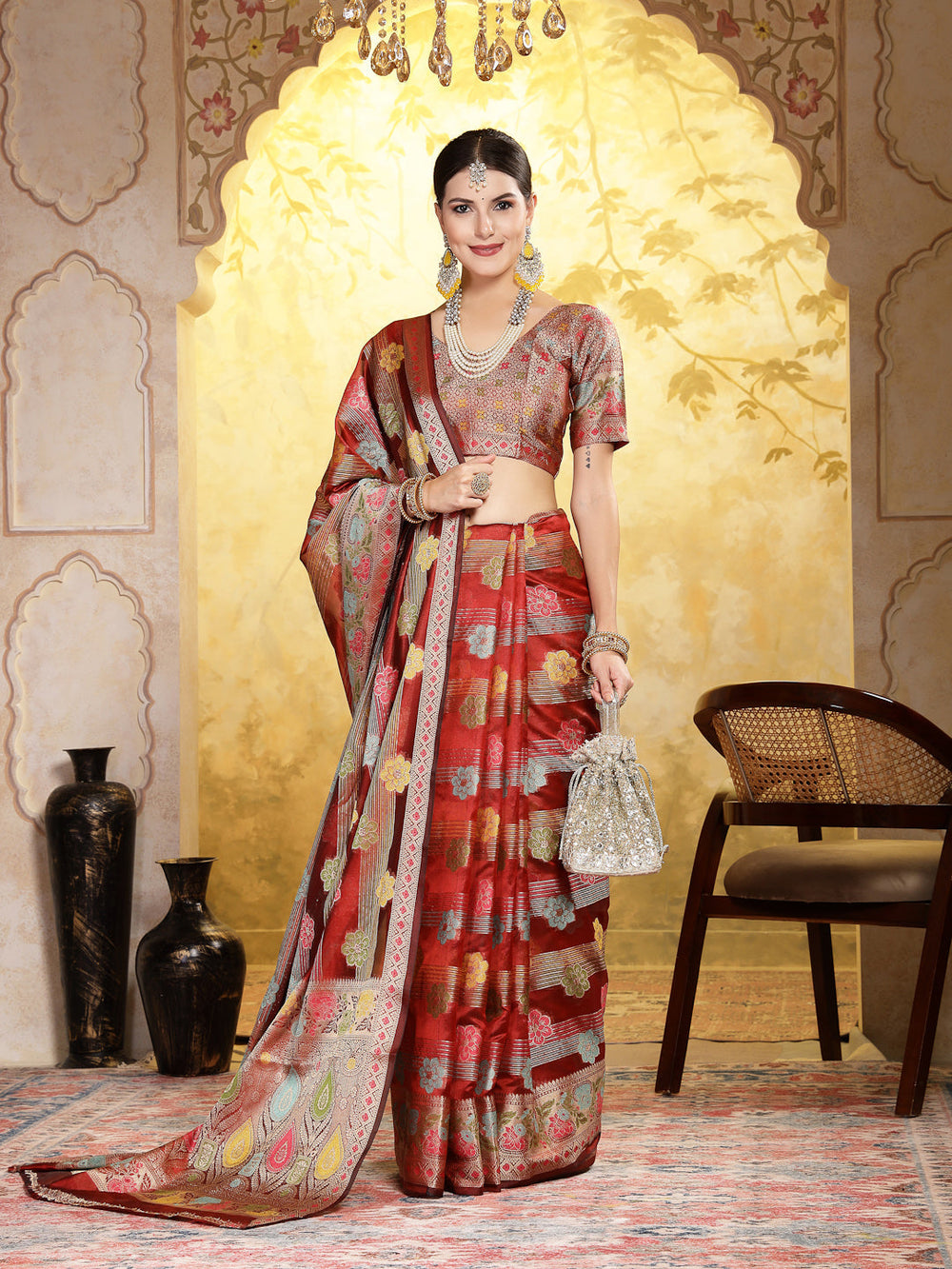 Maroon-Organza-Ethnic-Motifs-Zari-Border-Saree