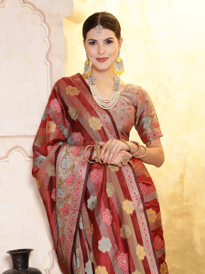 Maroon-Organza-Ethnic-Motifs-Zari-Border-Saree