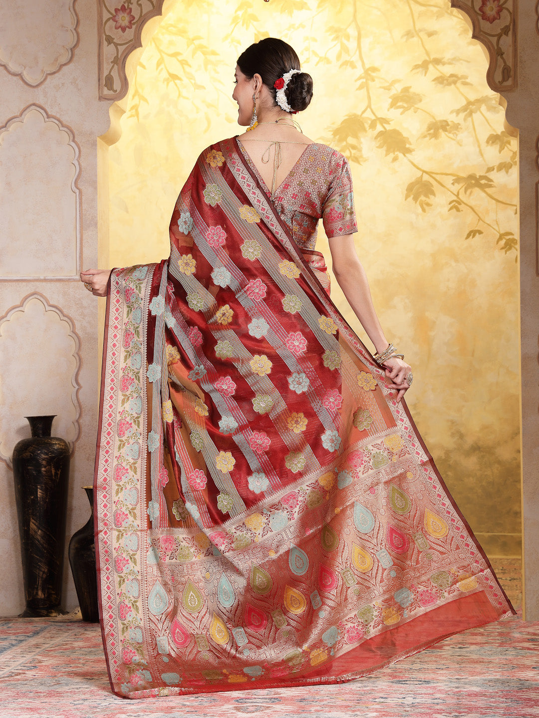 Maroon-Organza-Ethnic-Motifs-Zari-Border-Saree