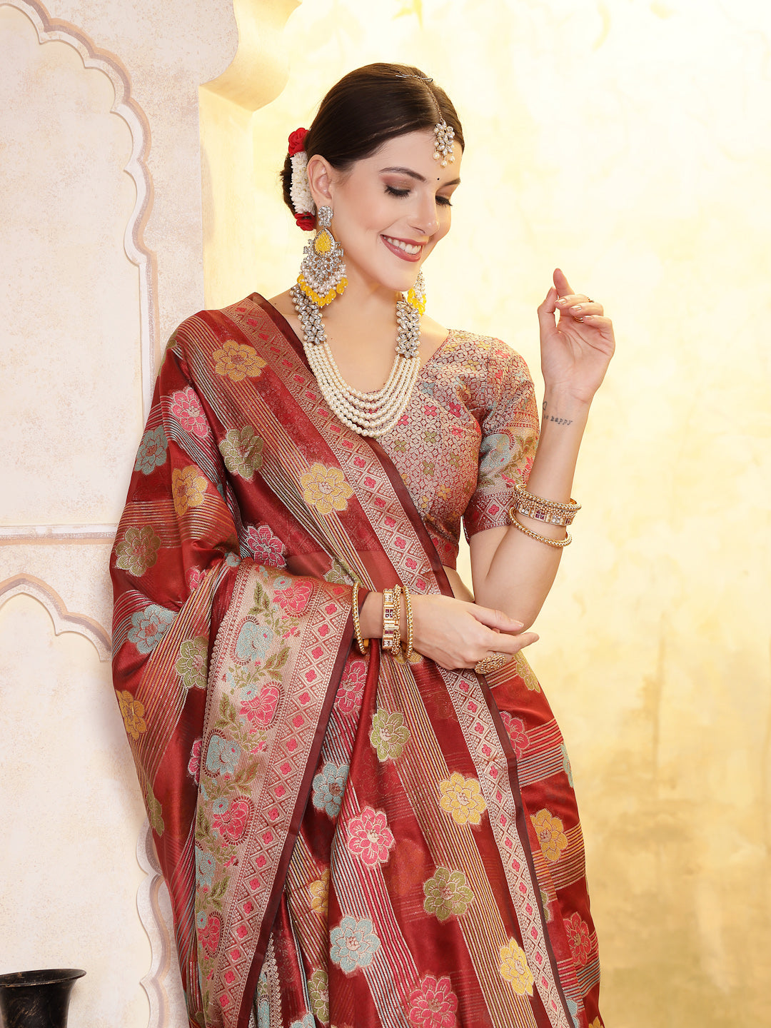 Maroon-Organza-Ethnic-Motifs-Zari-Border-Saree